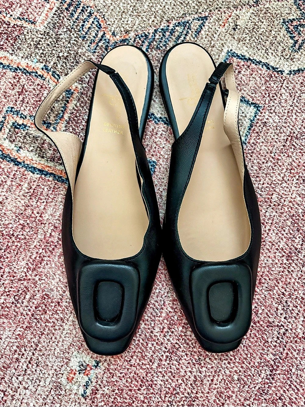 Salvatore Ferragamo Black Leather Slingback Heels Geometric Square Buckle EU 40